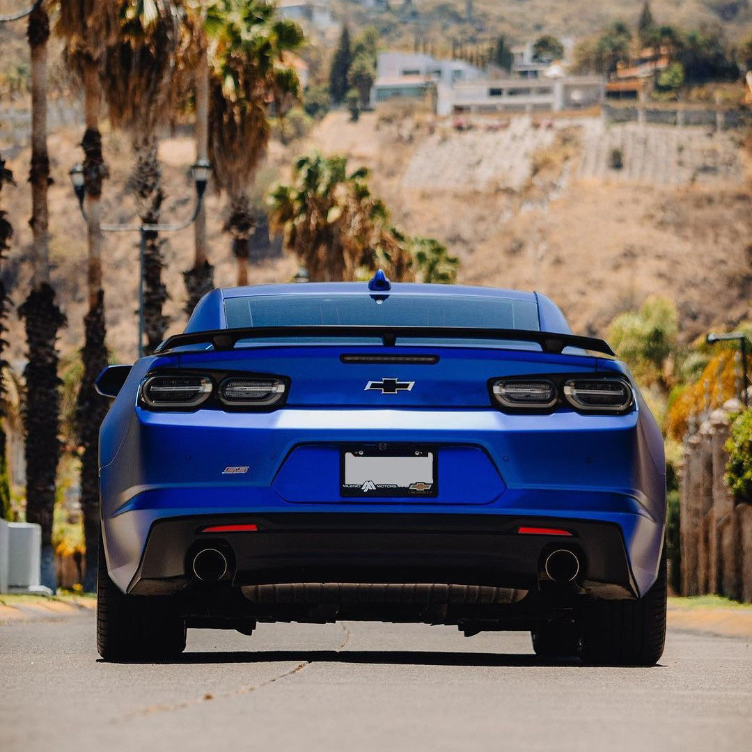 Rear View of Chevrolet Camaro Satin Metallic Rasant Blue Vinyl Wrap