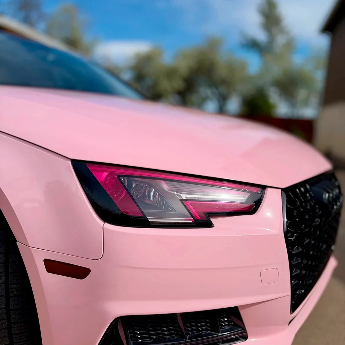 Audi headlight in High Gloss Millennial Pink vinyl Wrap