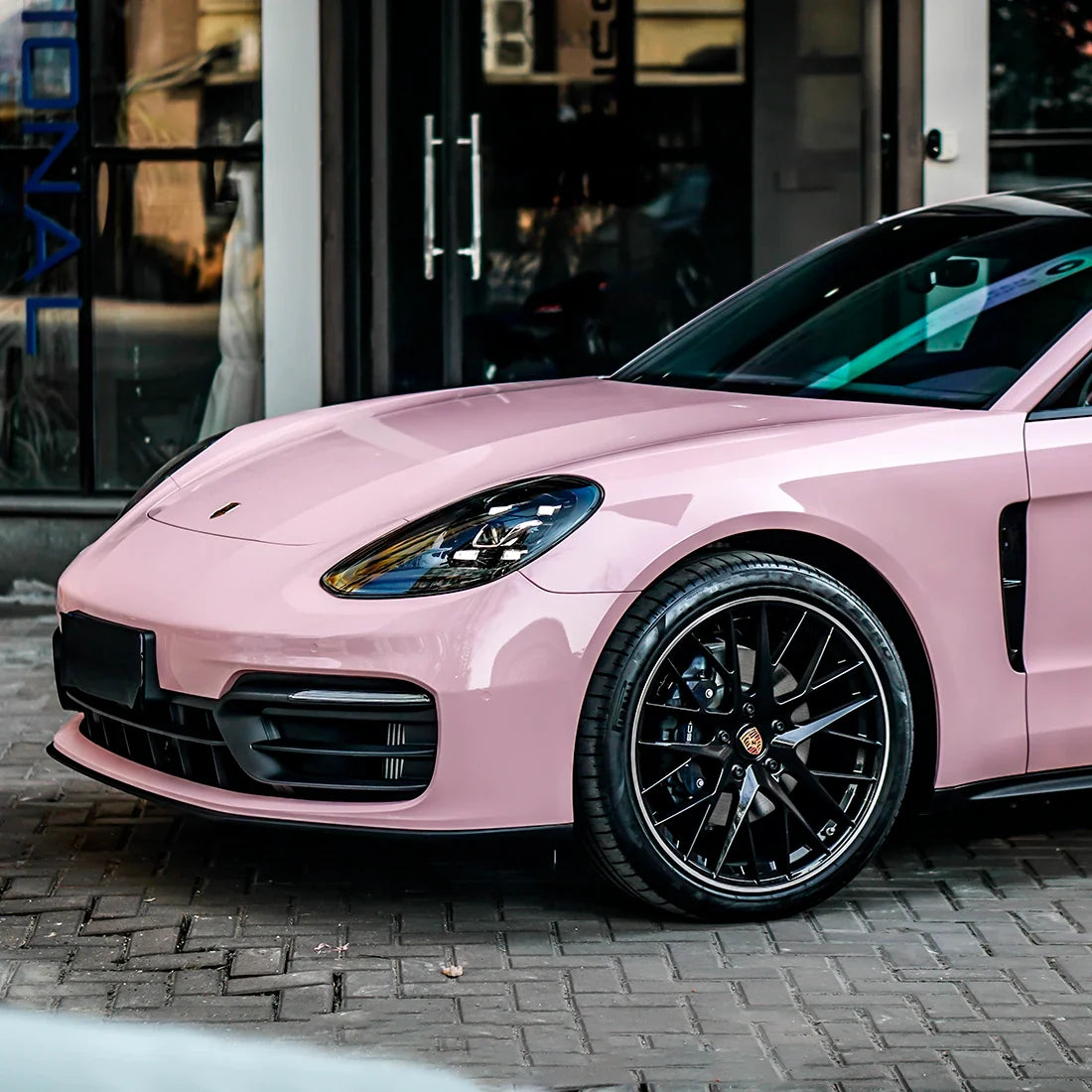 Porsche front in High Gloss Millennial Pink vinyl Wrap