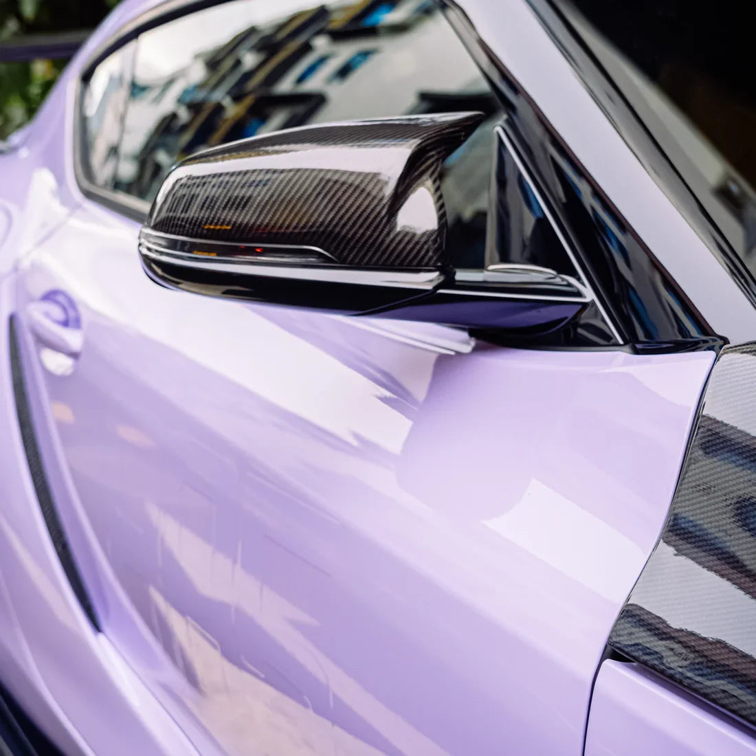 Toyota Supra showcasing a High Gloss Spanish Lavender Vinyl Wrap