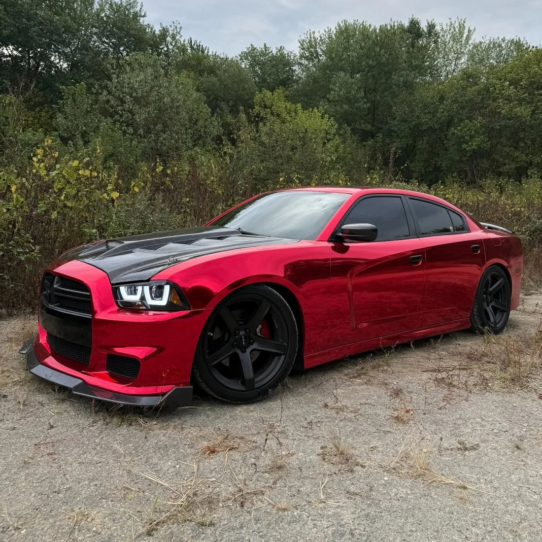 Cherry Red Mirror Chrome vinyl wrap Dodge with a bright reflective wrap.