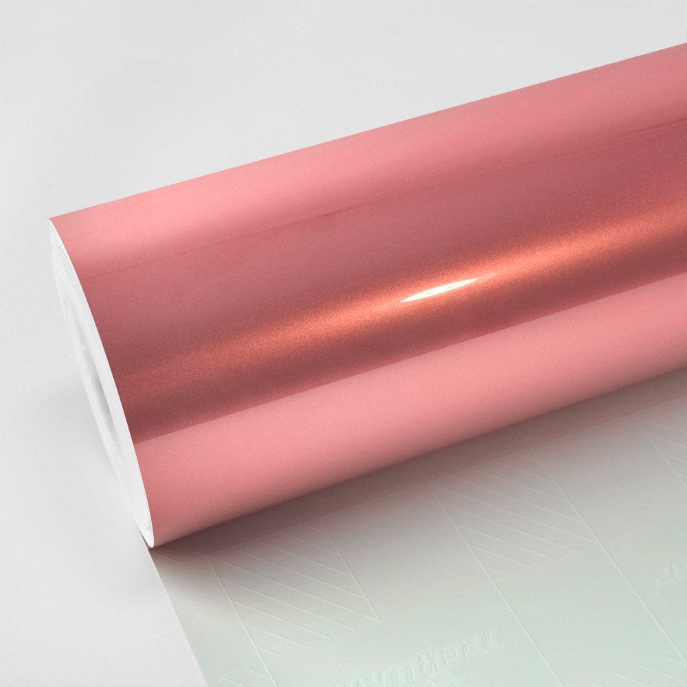 TeckWrap Pink Gold (GAL23-HD) Gloss Vinyl Wrap roll showcasing its shimmering metallic finish, ideal for elegant vehicle customization.