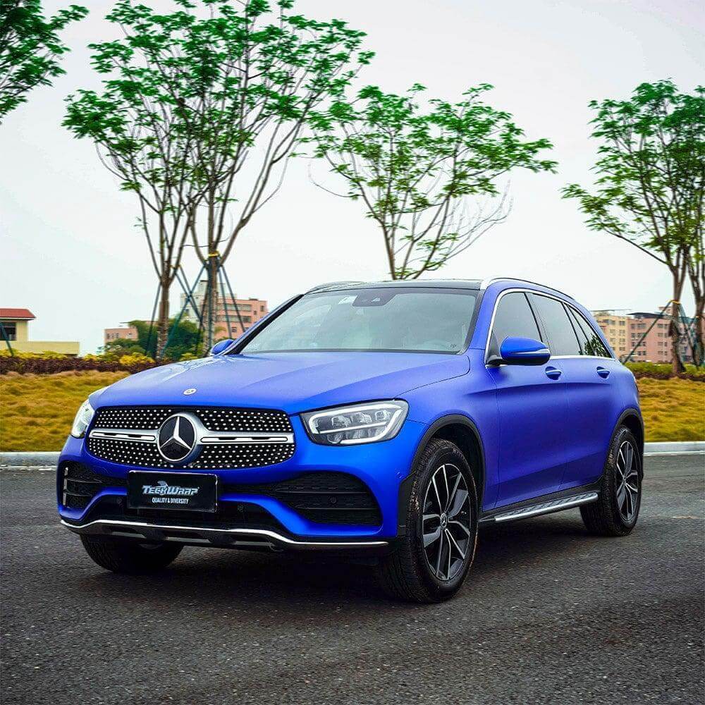 Mercedes-Benz wrapped elegantly in Teckwrap Satin Admiral Blue vinyl,
