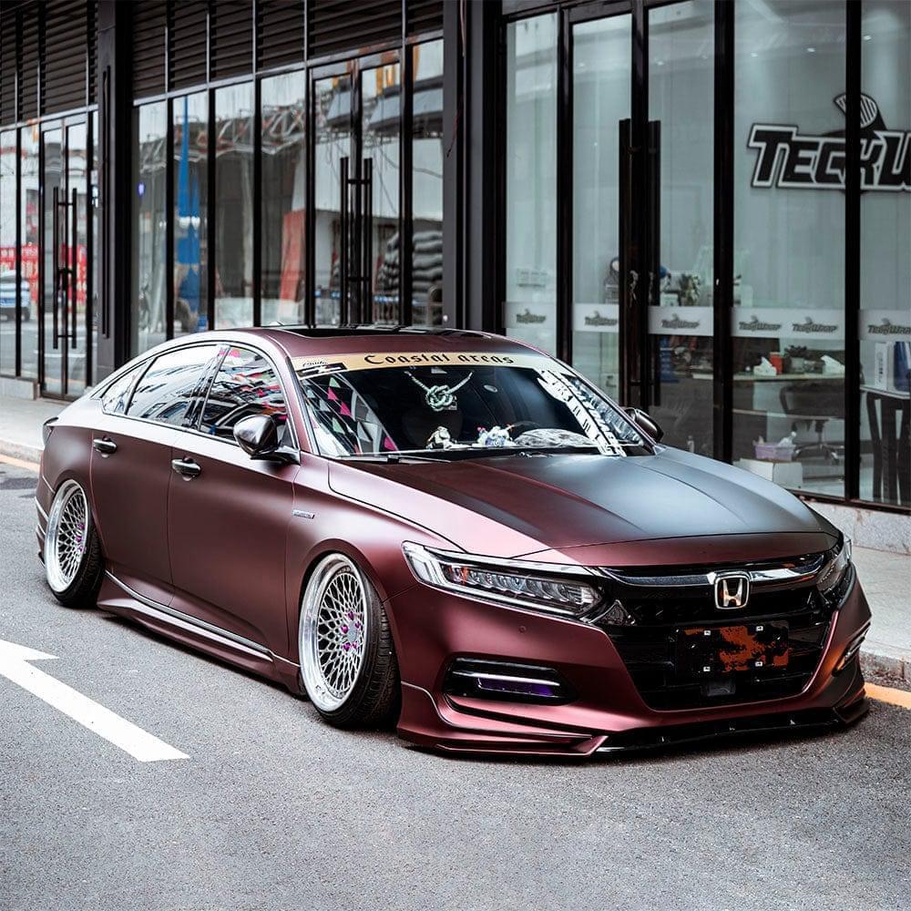 Custom-wrapped Honda sedan featuring TeckWrap Satin Burnt Maroon Vinyl Wrap