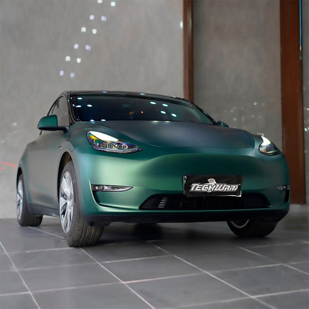 Tesla car wrapped in Green Mantle satin vinyl