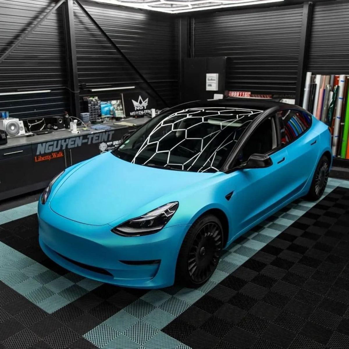 Tesla Model 3 Wrapped in Surf Blue Satin Vinyl