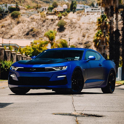 Front View of Chevrolet Camaro Satin Metallic Rasant Blue Vinyl Wrap