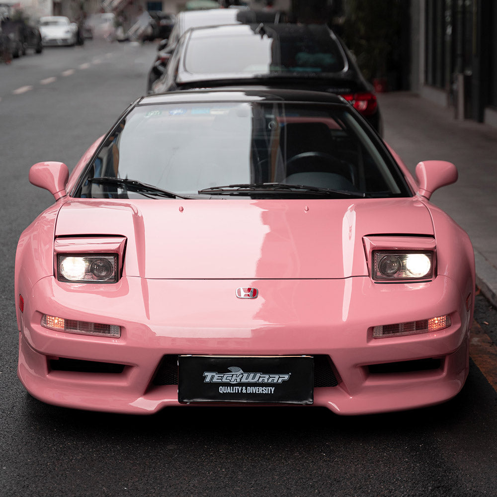 Front View of Honda NSX Wrapped in Pink gloss vinyl wrap.