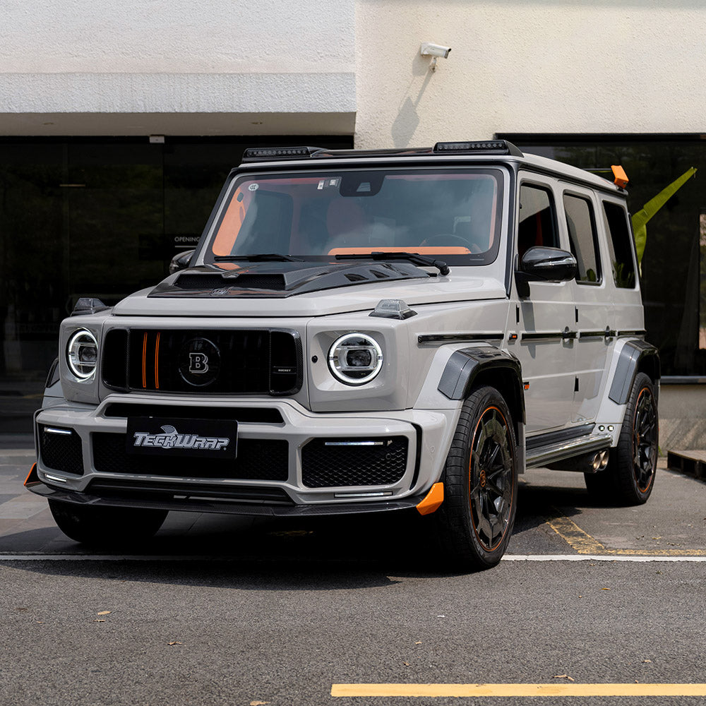 Front view of a Brabus G-Class High Gloss Vintage Grey Vinyl Wrap
