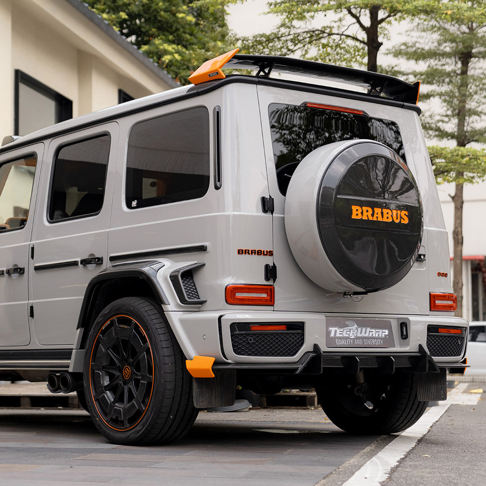 Rear-side angle of a Brabus G-Class High Gloss Vintage Grey Vinyl Wrap