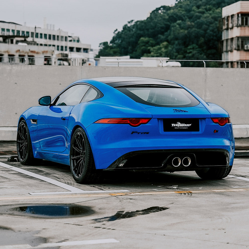 Rear view of Jaguar F-Type High Gloss Vibrant Blue Vinyl Wrap
