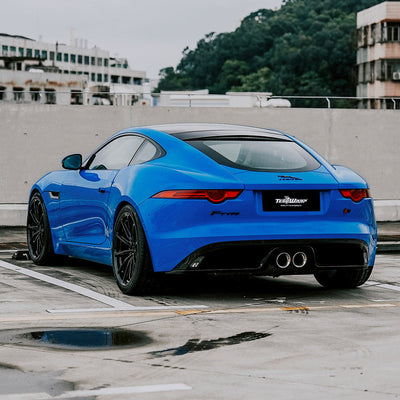 Rear view of Jaguar F-Type High Gloss Vibrant Blue Vinyl Wrap