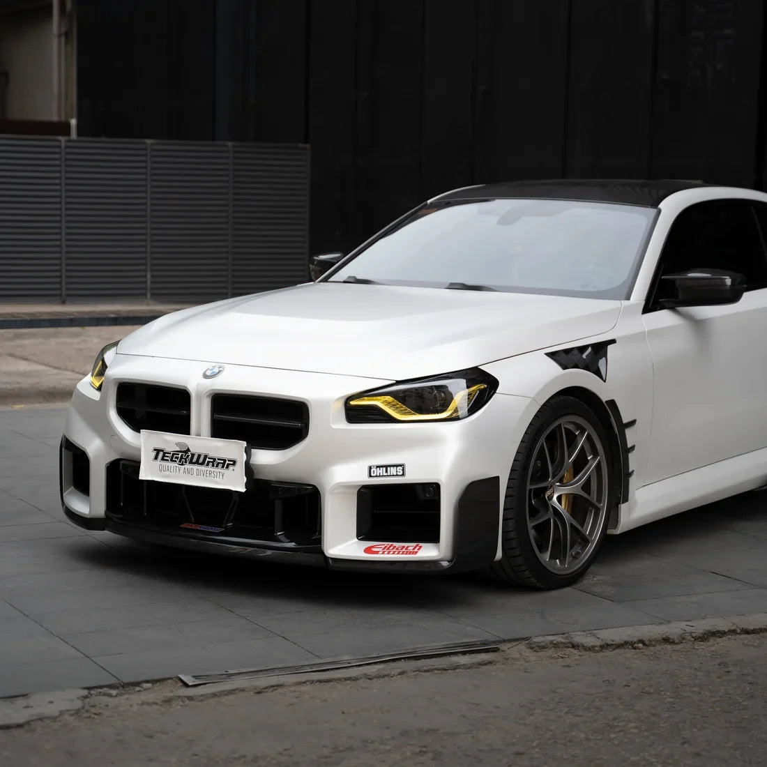 white satin matte vinyl wrap on BMW front view