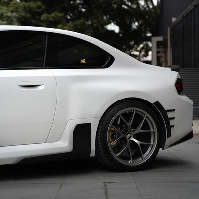 white satin matte vinyl wrap on BMW back side view