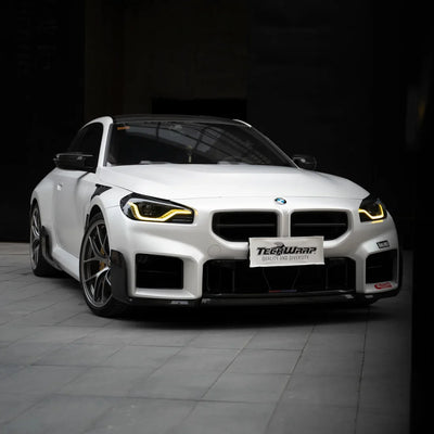 white satin matte vinyl wrap on BMW front view