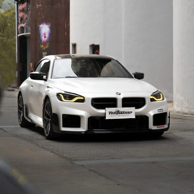 White satin matte vinyl wrap on the BMW