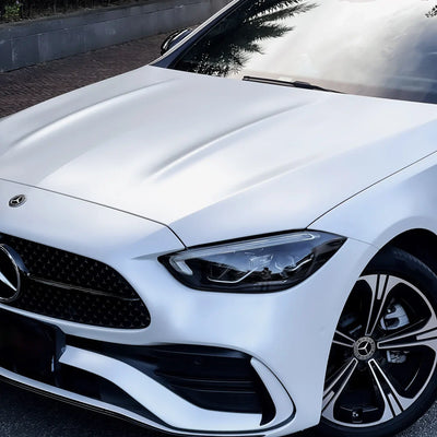 White satin matte vinyl wrap on mercedes
