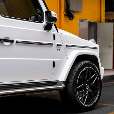 Side detail of Mercedes wrapped in High Gloss White Vinyl Wrap