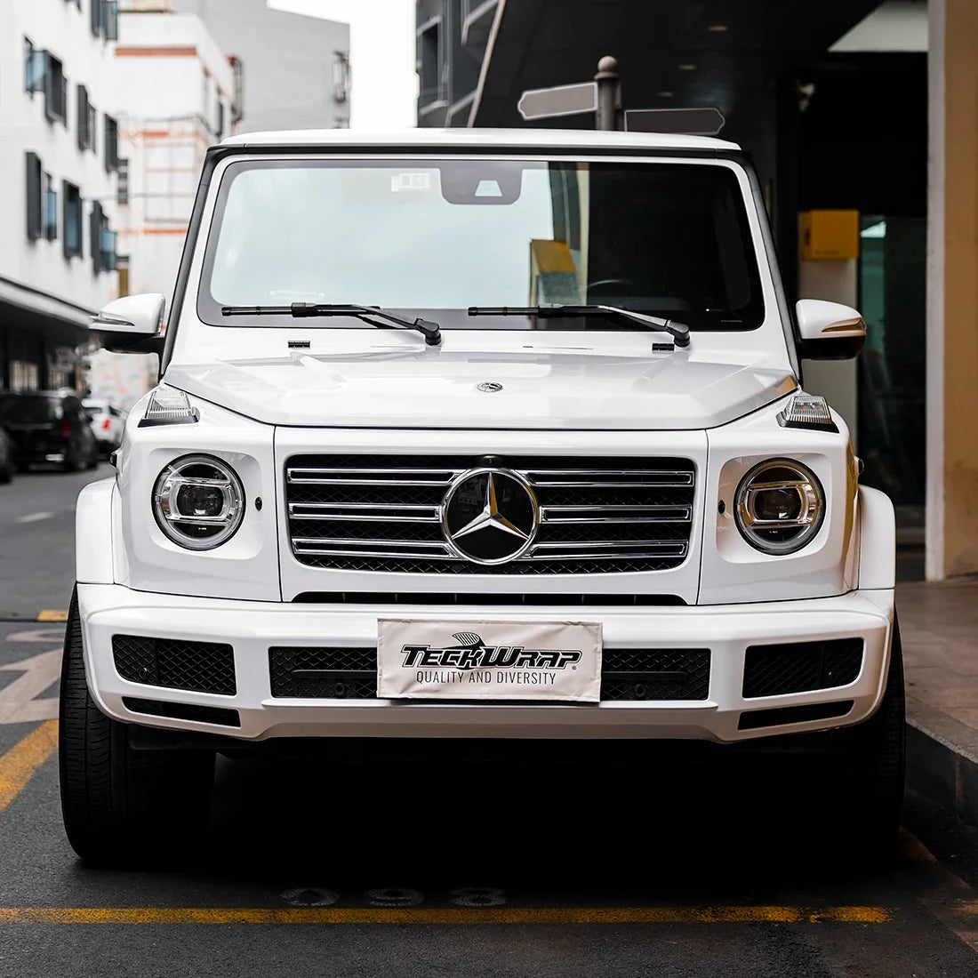 Front view of Mercedes in High Gloss White Vinyl Wrap