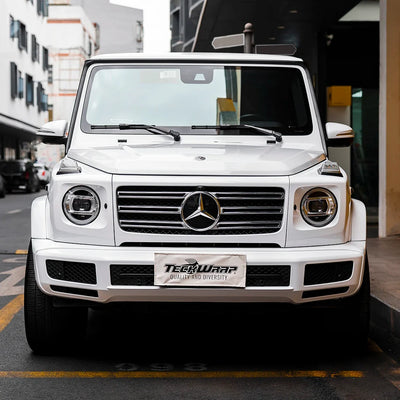 Front view of Mercedes in High Gloss White Vinyl Wrap