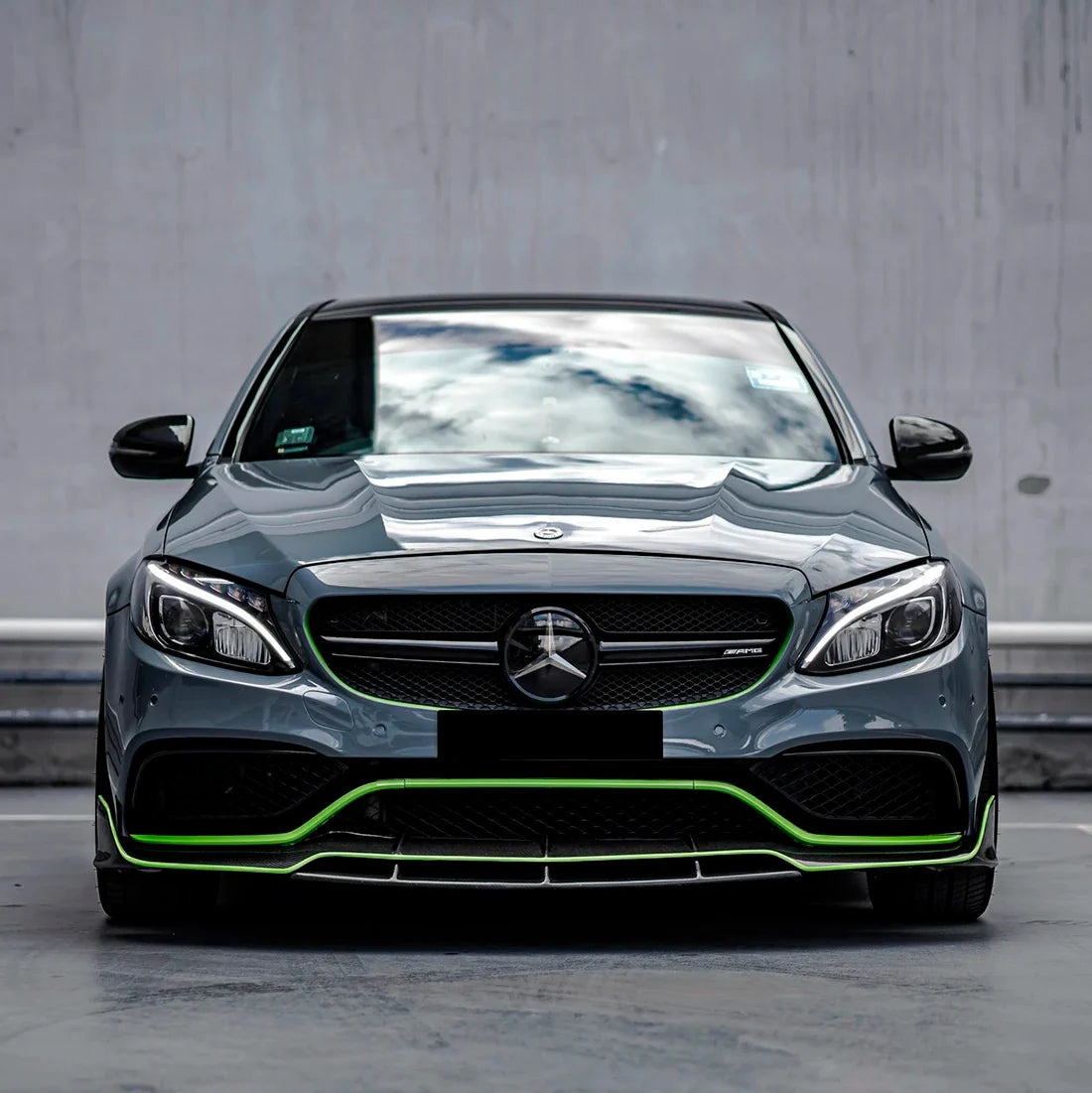 Mercedes front view in High Gloss Amazon Grey Vinyl Wrap.