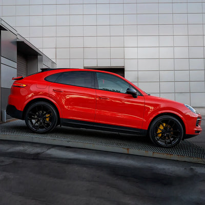 Porsche side view in High Gloss Racing Red Vinyl Wrap