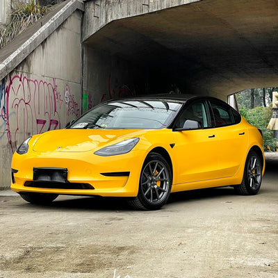 Tesla view in High Gloss Sunflower Yellow Vinyl Wrap
