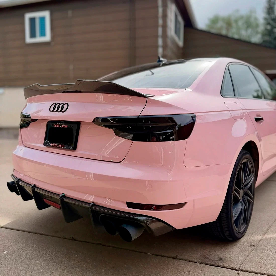 Audi quarter panel in High Gloss Millennial Pink vinyl Wrap