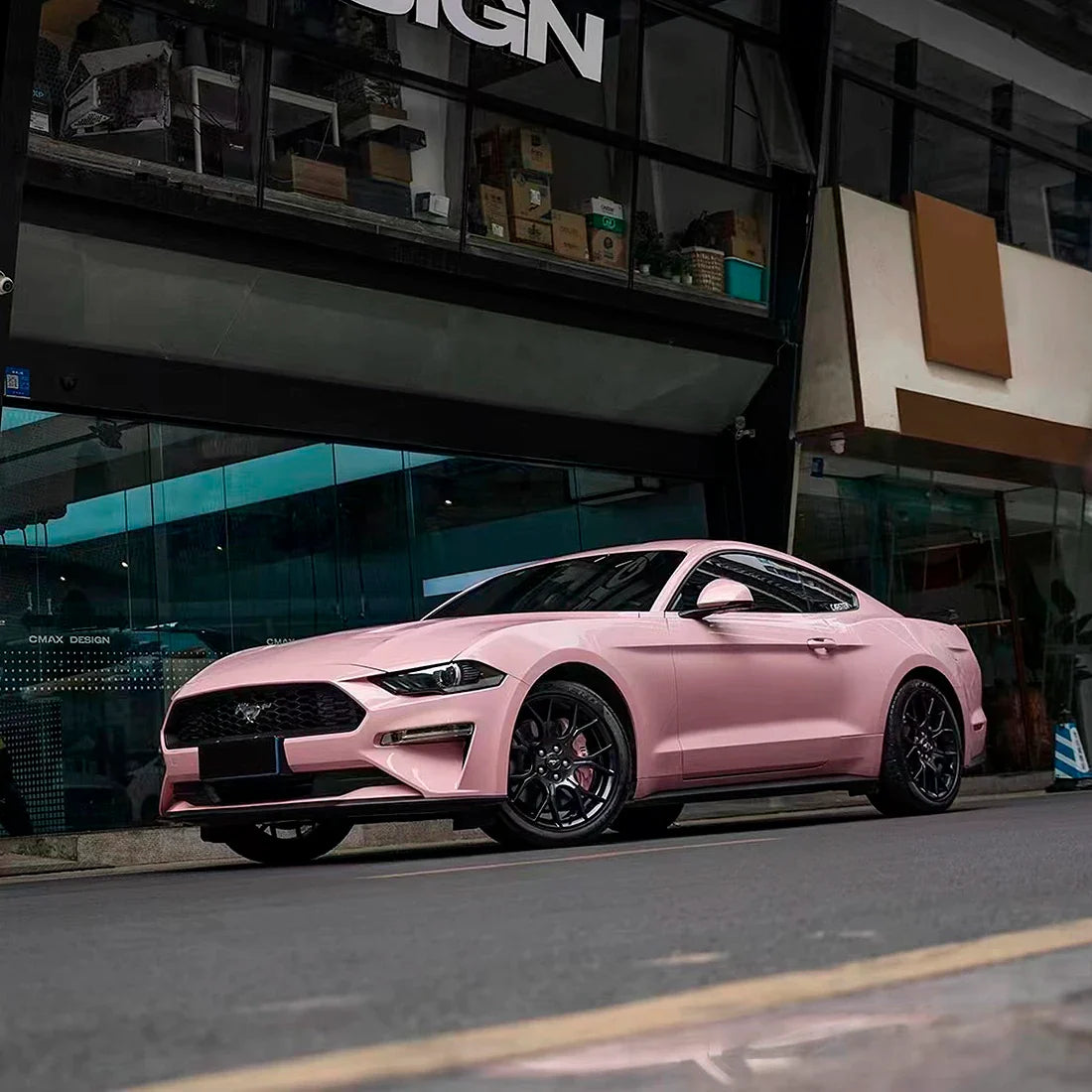 Mustang full view in High Gloss Millennial Pink vinyl Wrap
