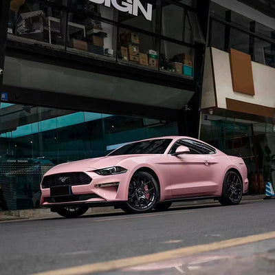 Mustang full view in High Gloss Millennial Pink vinyl Wrap