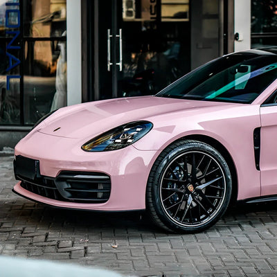 Porsche front in High Gloss Millennial Pink vinyl Wrap