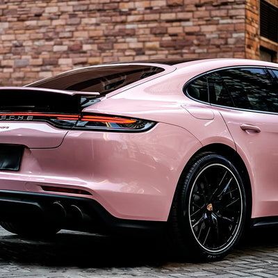 Porsche quarter panel in High Gloss Millennial Pink vinyl Wrap