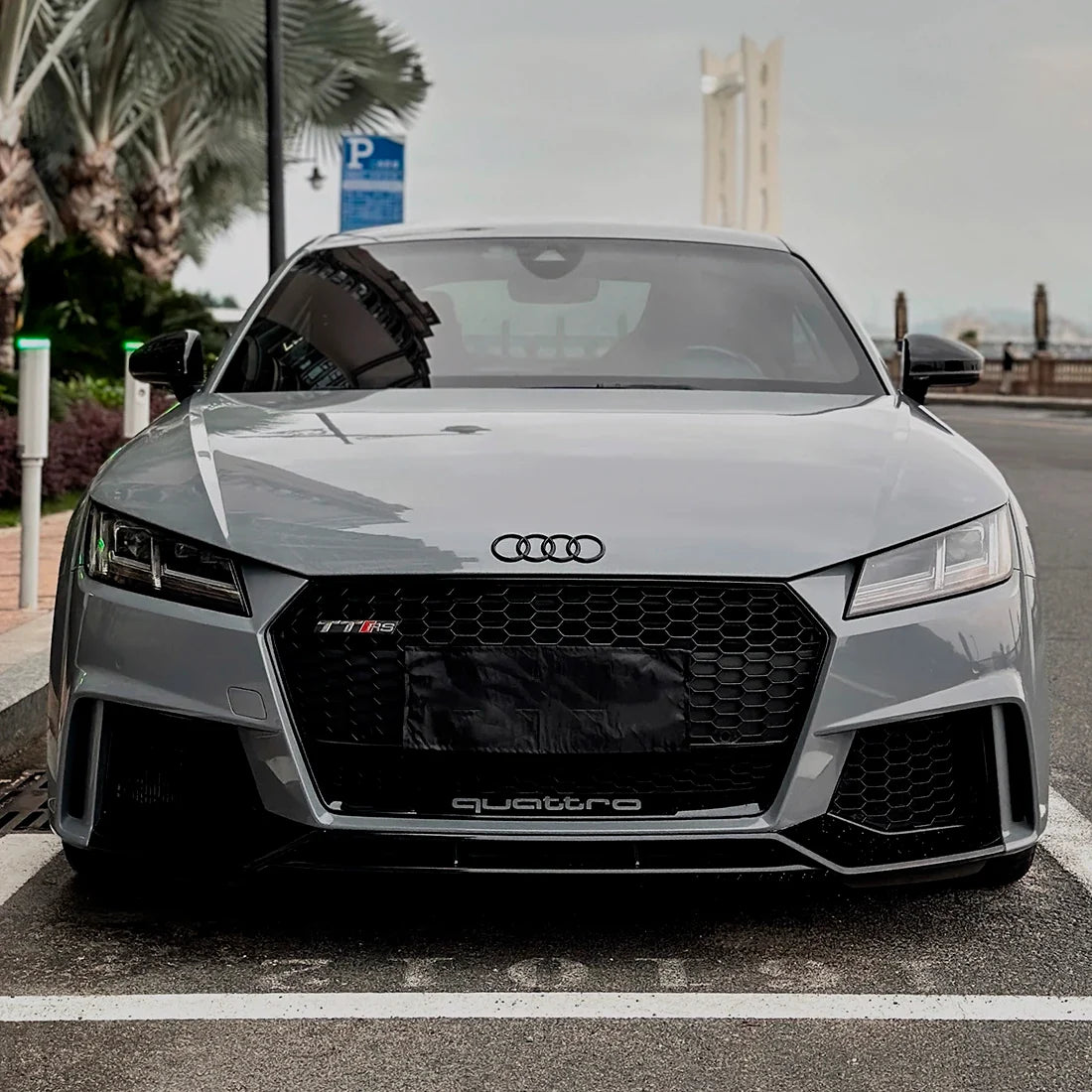 Front view of Audi TT RS wrapped in High Gloss True Nardo Grey Vinyl Wrap