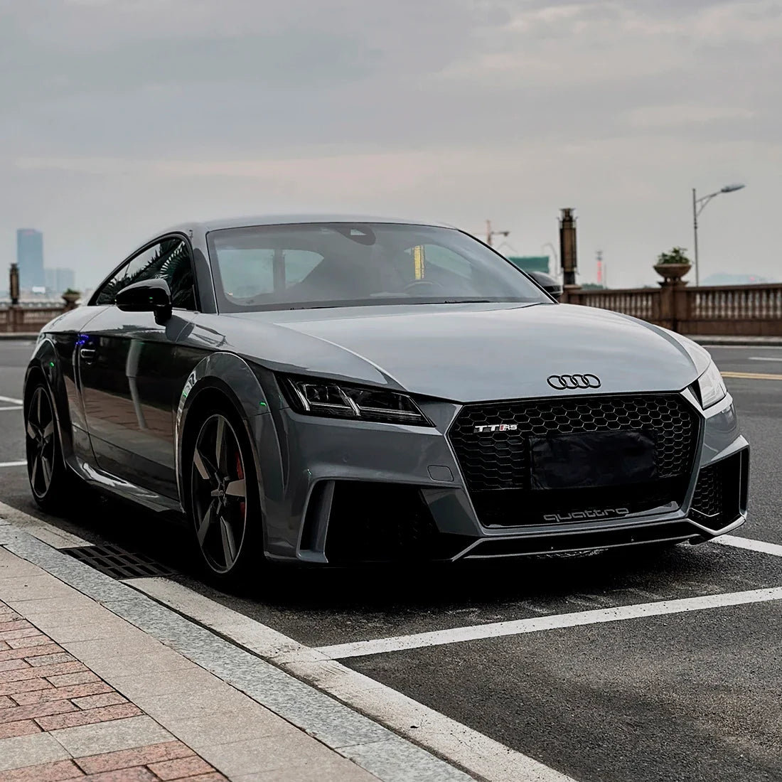 Audi TT RS street shot in High Gloss True Nardo Grey Vinyl Wrap