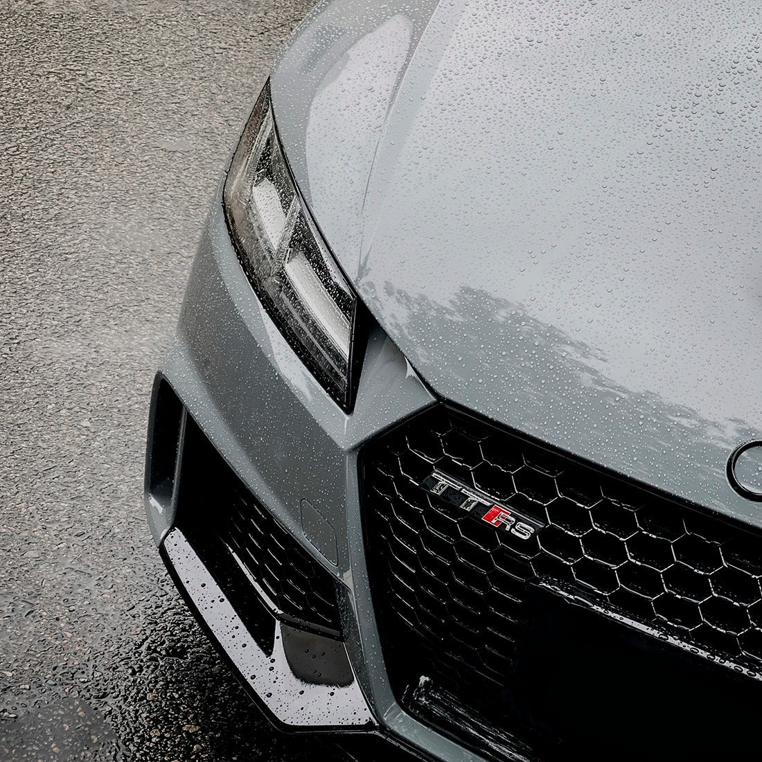 Close-up of Audi TT RS in High Gloss True Nardo Grey Vinyl Wrap