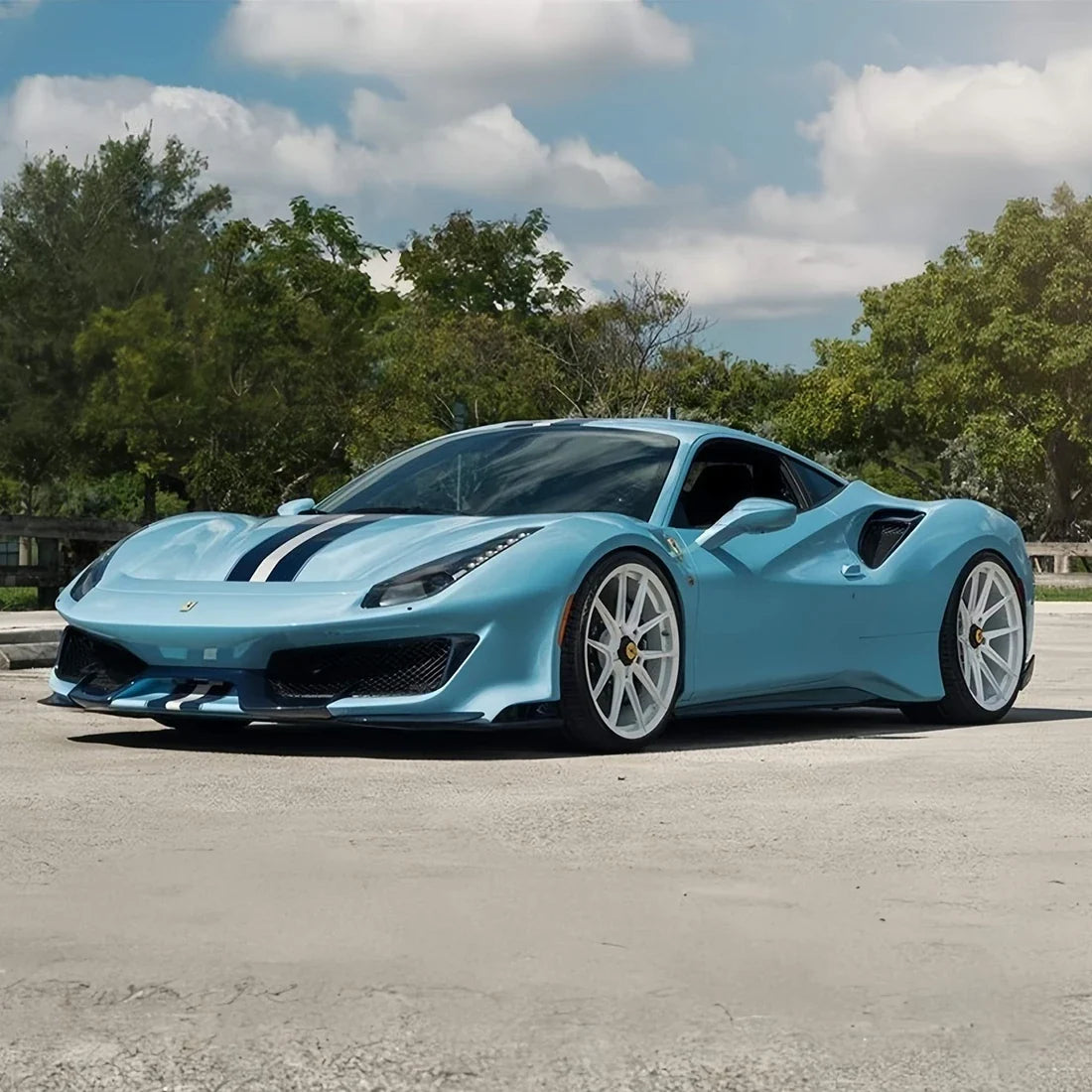 High Gloss Yacht Blue Vinyl Wrap on ferrari Side View