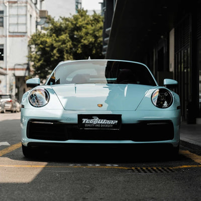 High Gloss Yacht Blue Vinyl Wrap on porsche front