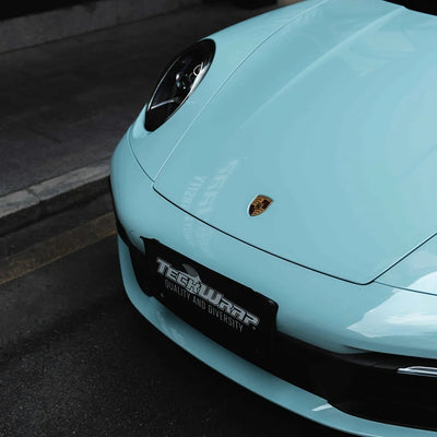 High Gloss Yacht Blue Vinyl Wrap on porsche hood