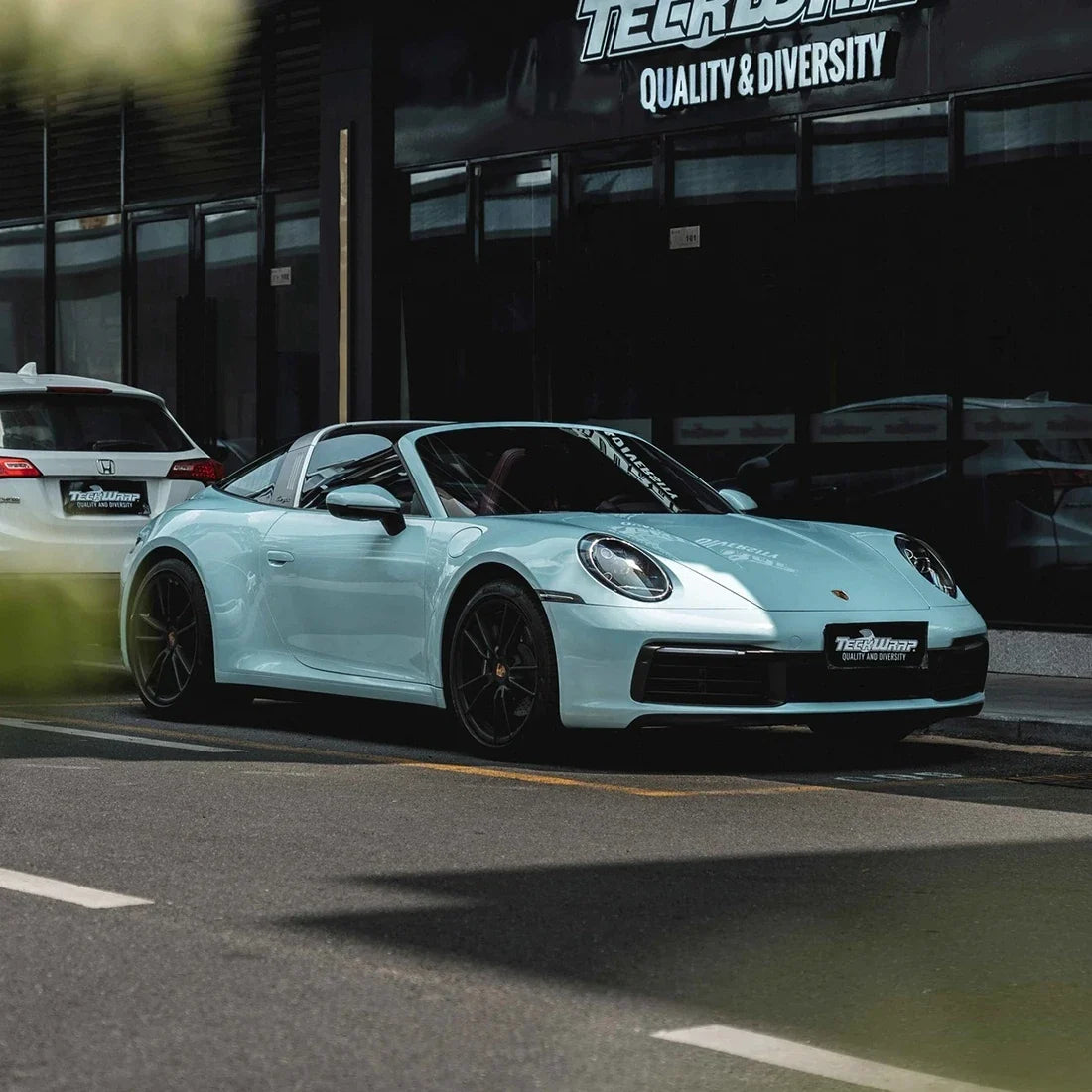 High Gloss Yacht Blue Vinyl Wrap porsche from front view
