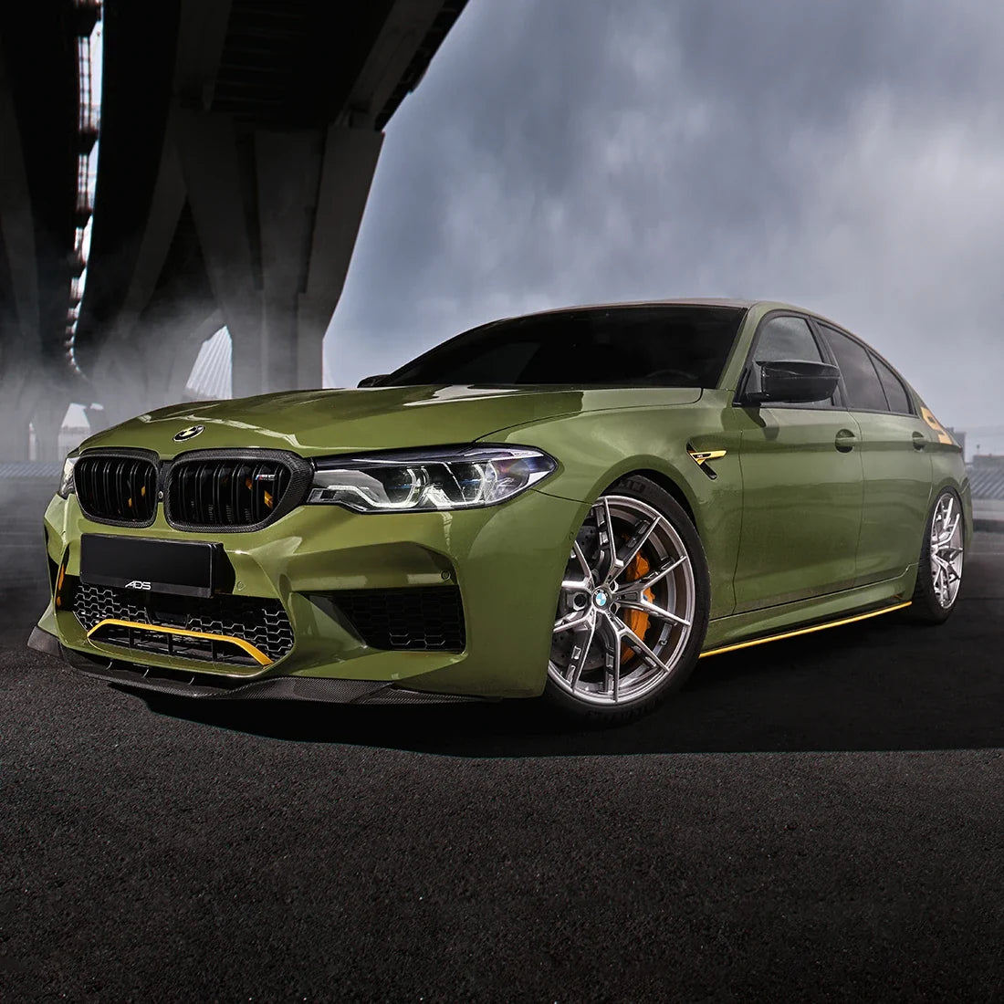 High Gloss Khaki Green Vinyl Wrap on BMW Three-Fourth View