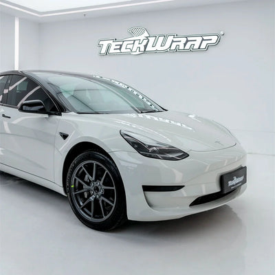High Gloss Pale Celadon Vinyl Wrap on Tesla Fender View
