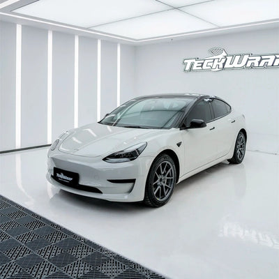 High Gloss Pale Celadon Vinyl Wrap on Tesla side