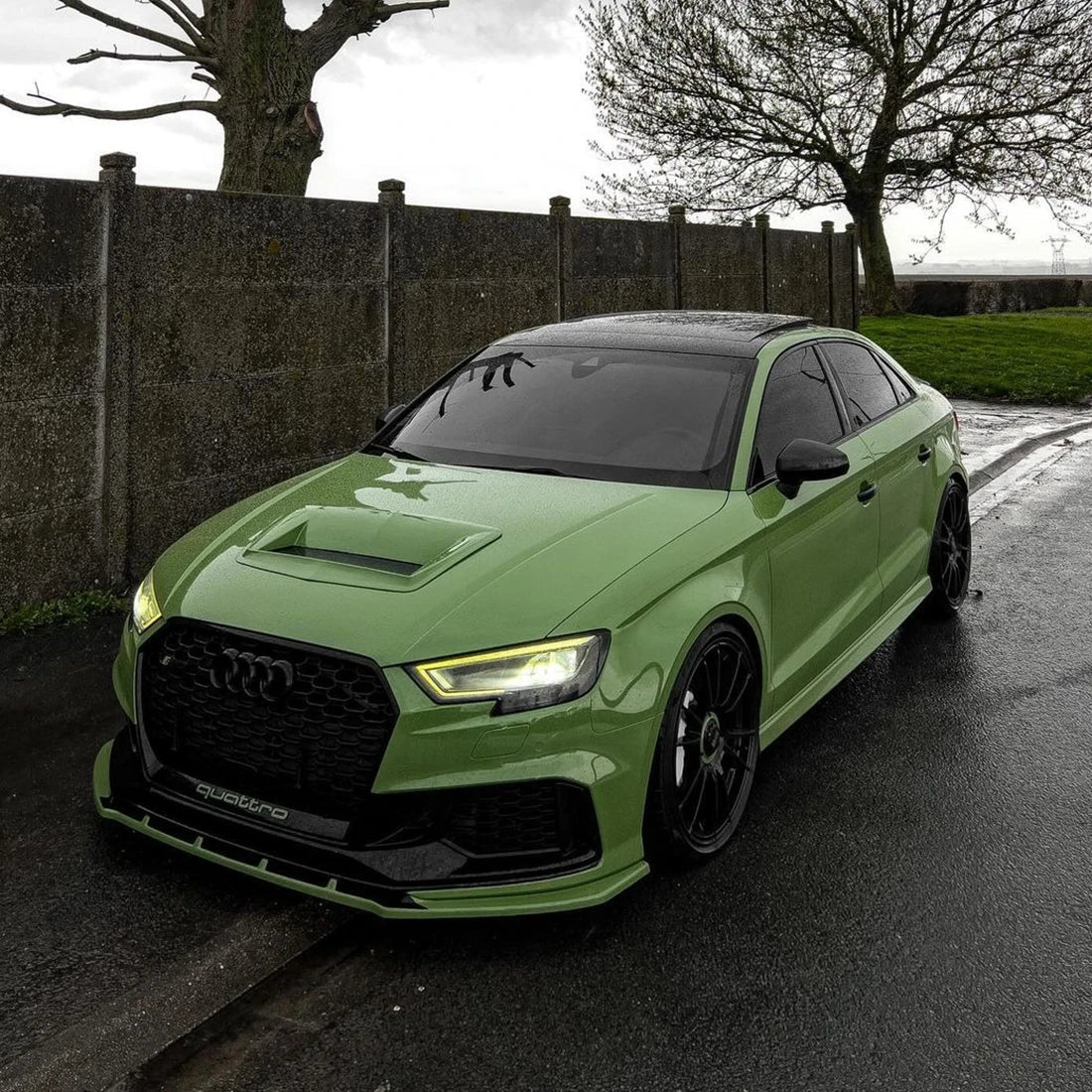 High Gloss French Olive Green Vinyl Wrap on Audi Front Full View