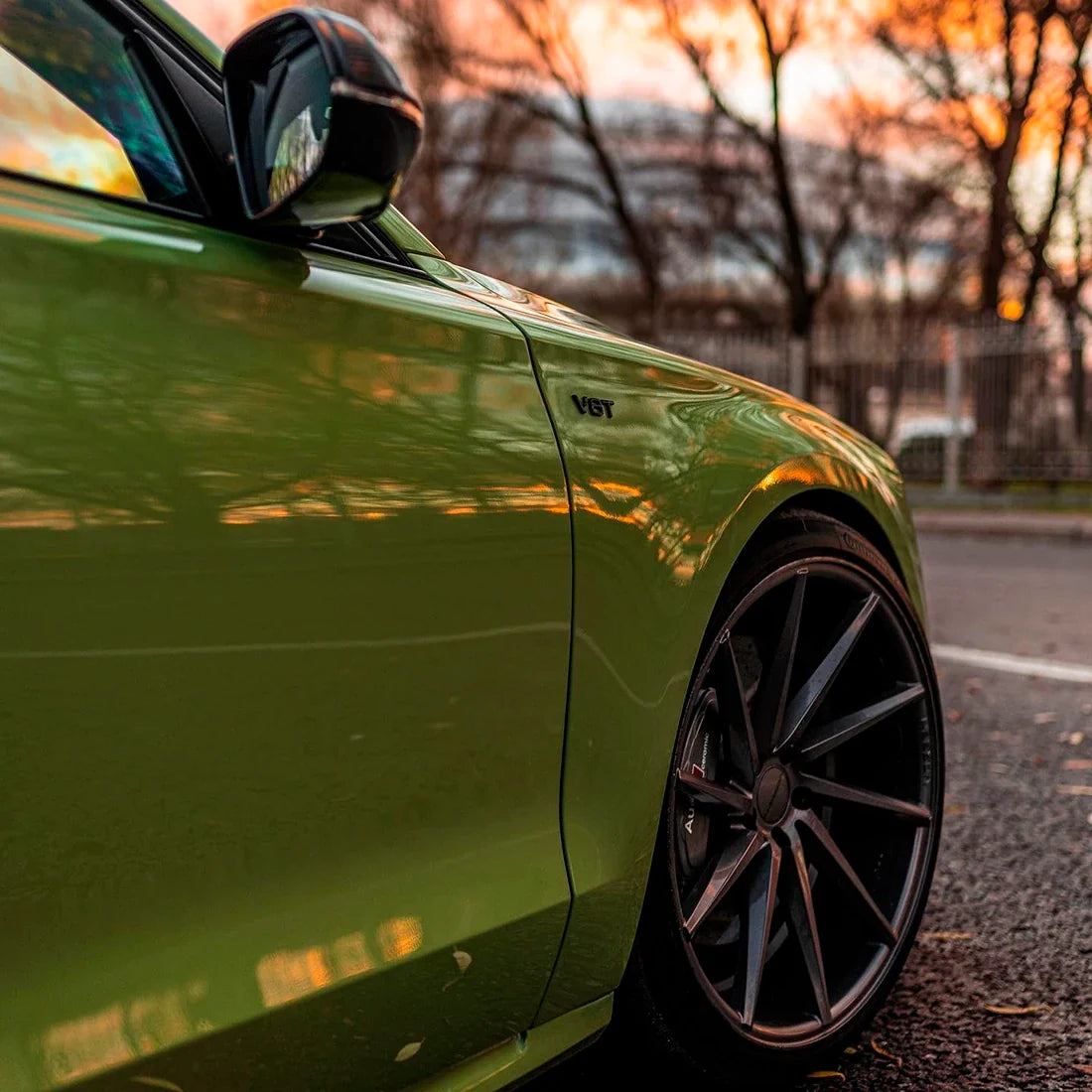 High Gloss French Olive Green Vinyl Wrap on Audi Door View