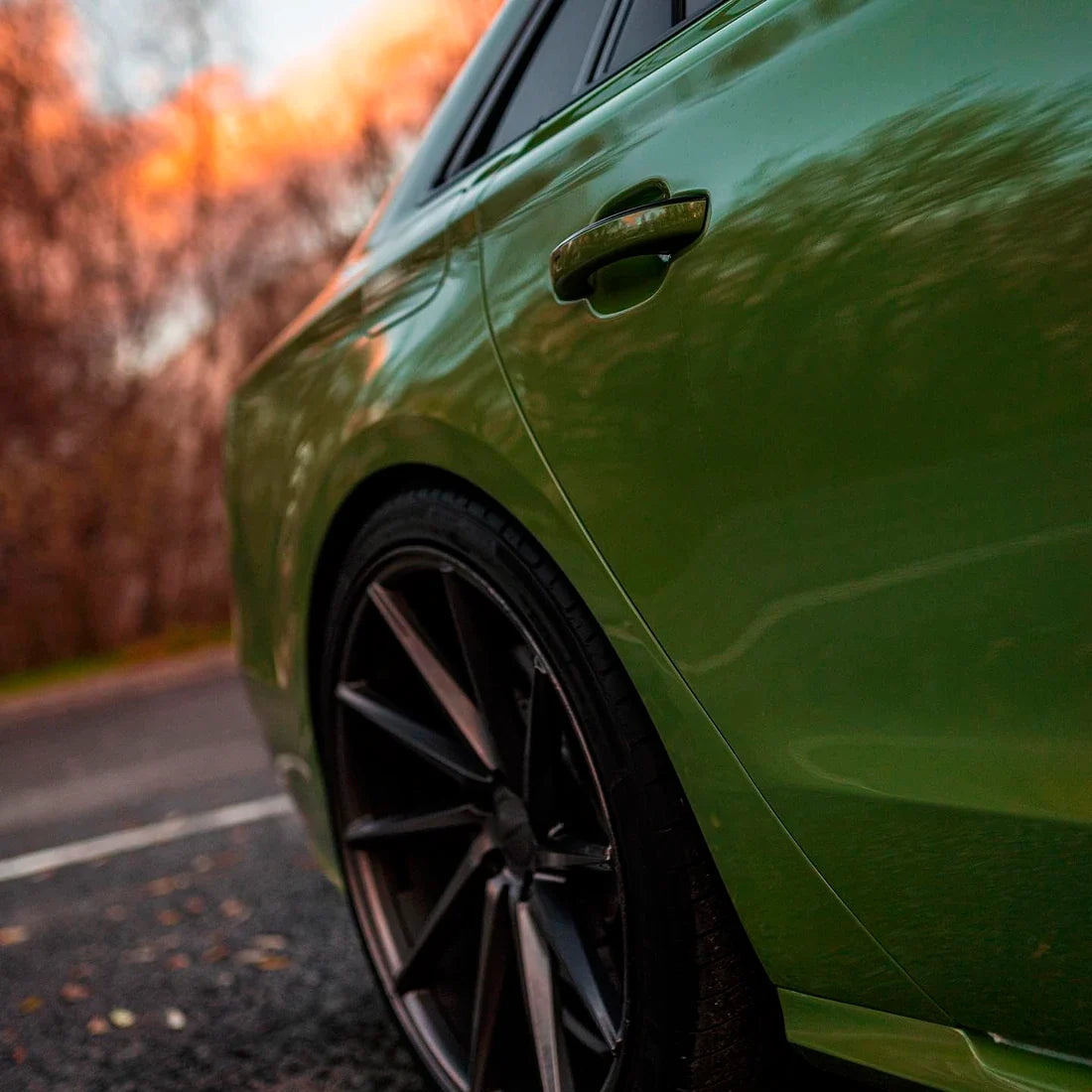High Gloss French Olive Green Vinyl Wrap on Audi Door Close-Up