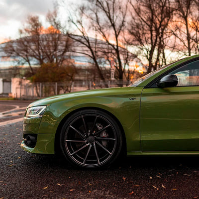 High Gloss French Olive Green Vinyl Wrap on Audi Fender View