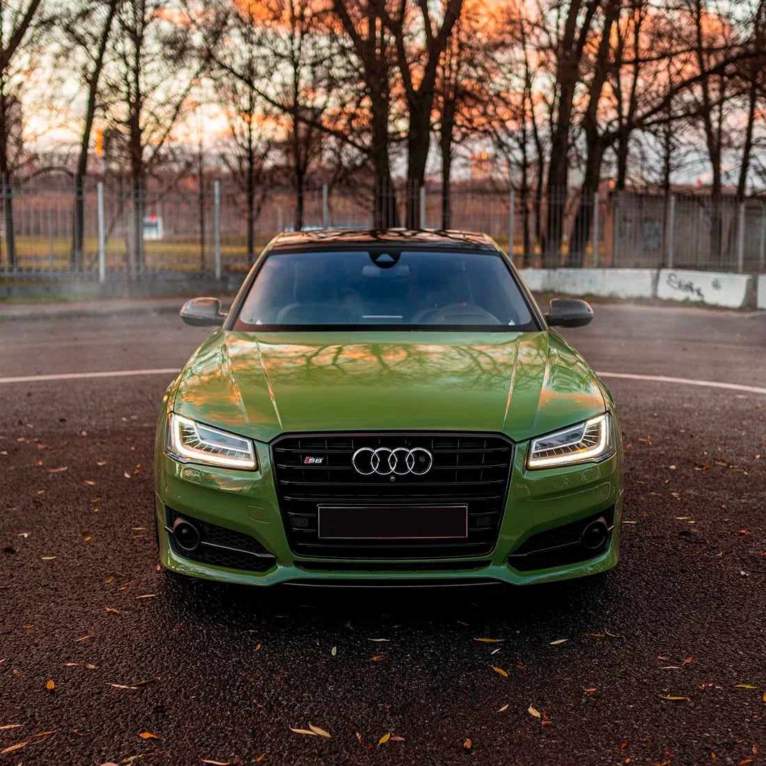 High Gloss French Olive Green Vinyl Wrap on Audi Full Front View