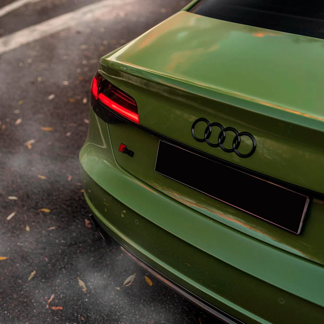High Gloss French Olive Green Vinyl Wrap on Audi Rear Bumper Close-Up