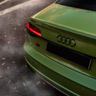 High Gloss French Olive Green Vinyl Wrap on Audi Rear Bumper Close-Up