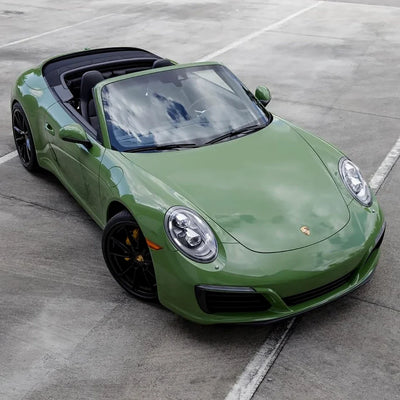 High Gloss French Olive Green Vinyl Wrap on Porsche Full Top View